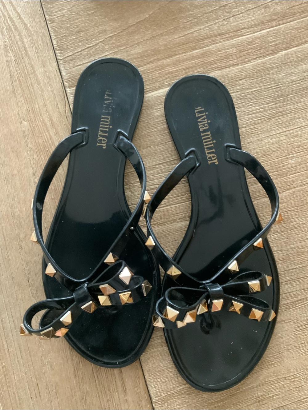 Olivia Miller Black Jelly Bow Sandals with Gold Studs